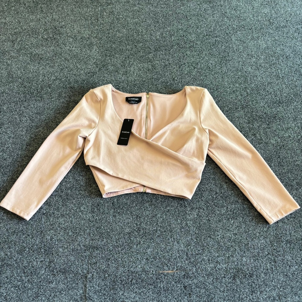 Bebe 3 Qrtr Slv Wrap Crop Top Pink Nude Surplice Exposed Zipper Small NWT
